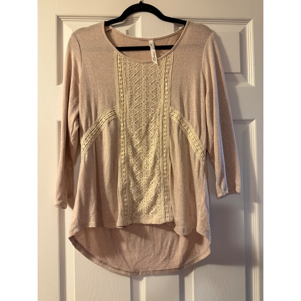 NY Collection Petite Pink Crochet Lace Knit Top 3/4 Sleeve High Low Blouse Boho